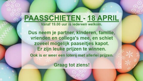 Kom gezellig met de hele familie, al je vrienden en kennissen paaseieren schieten. Er zijn leuke prijzen te winnen. Ook is er een loterij met geweldige prijzen.