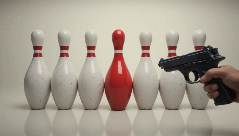 Er staan zeven bowlingpins op een rijtje, de middelste is een rode. Je moet vervolgens zo snel mogelijk de bowlingpins omver schieten.